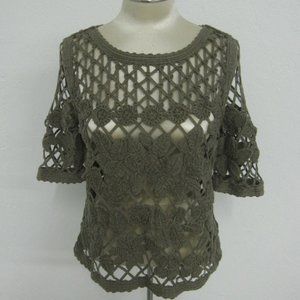 Chico's Lattice Garden Top Green Cut-Out Leaf